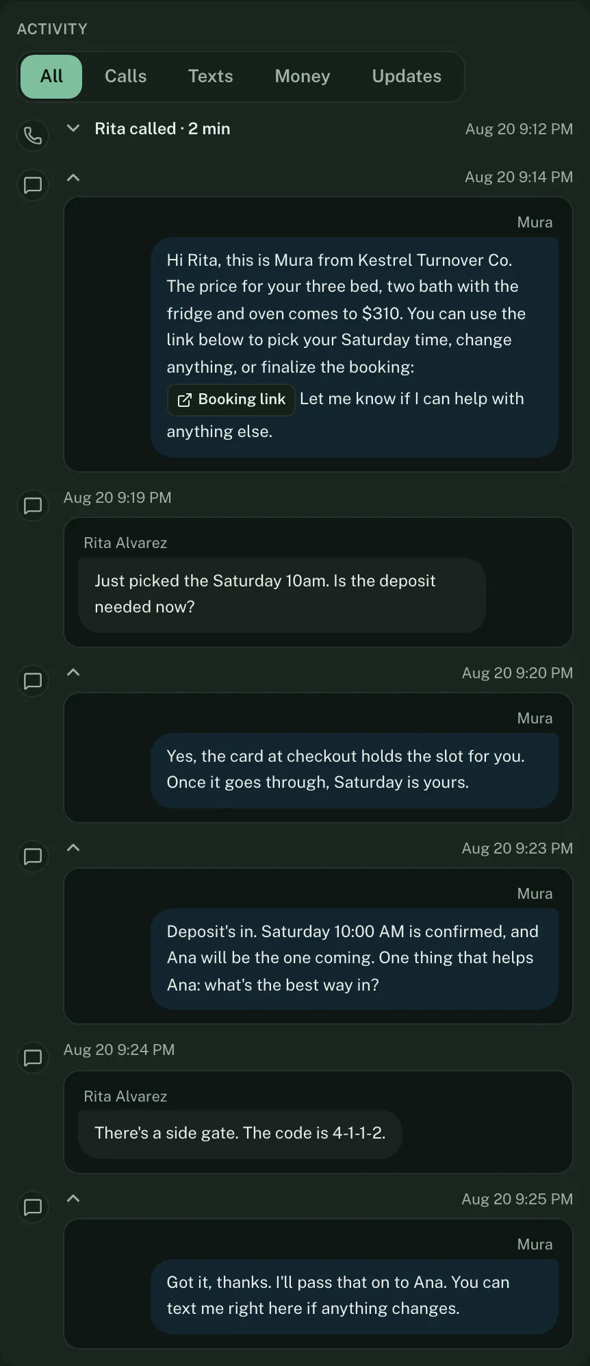 A job's activity feed: Rita calls at 9:12 PM, the agent texts back a $310 price and a booking link, Rita picks Saturday 10 AM and pays the deposit, and the agent confirms the cleaner and asks how to get in.