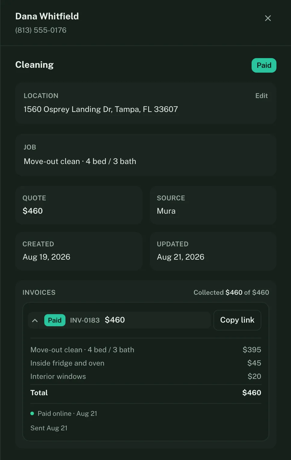 A finished move-out clean priced at $460, with the itemised invoice below it marked paid online and $460 of $460 collected.