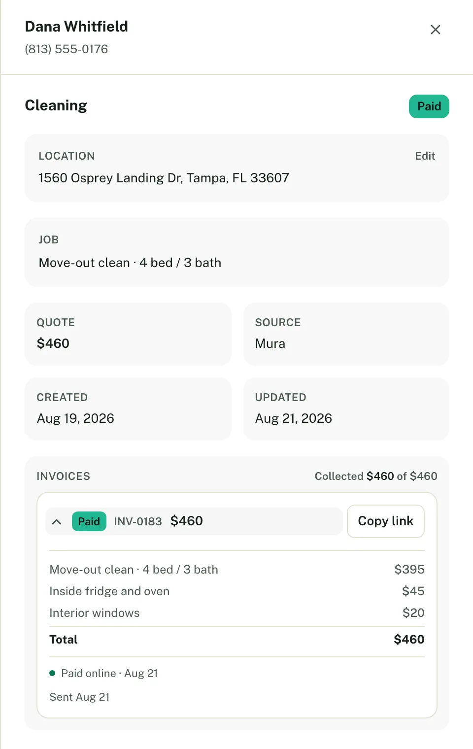 A finished move-out clean priced at $460, with the itemised invoice below it marked paid online and $460 of $460 collected.